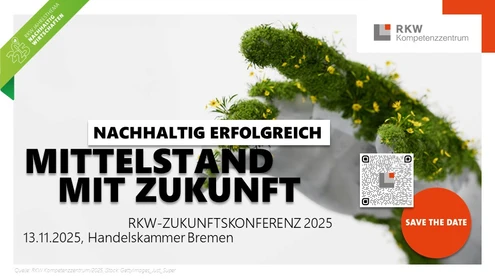 Hand mit Blumen bewachsen, Schriftzug und roter Save the Date Button und QR Code